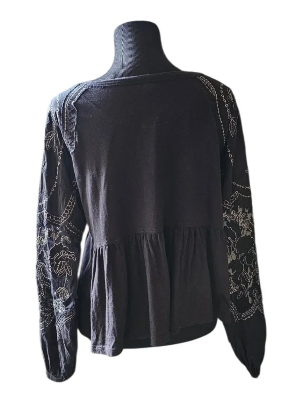 Free People Penny Tee Black Embroidered Sleeve Babydoll Top XS
